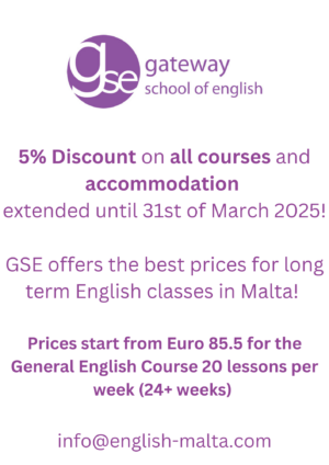 5% discount on all English courses and accommodation in Malta extended until 31st March 2025 - Gateway School of English GSE